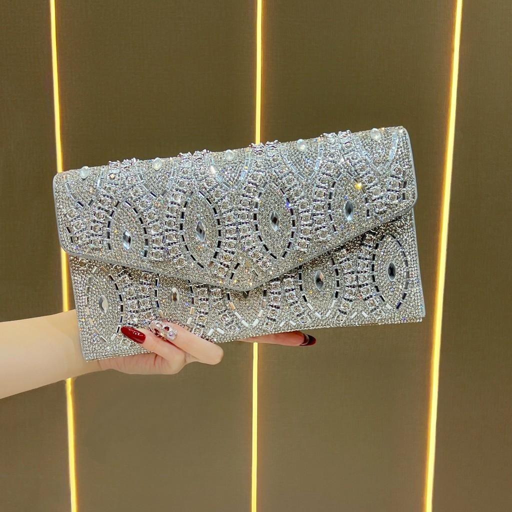 Pochette da Sera Transfrontaliera con Decorazioni in Cristallo e Catena per Eventi Formali