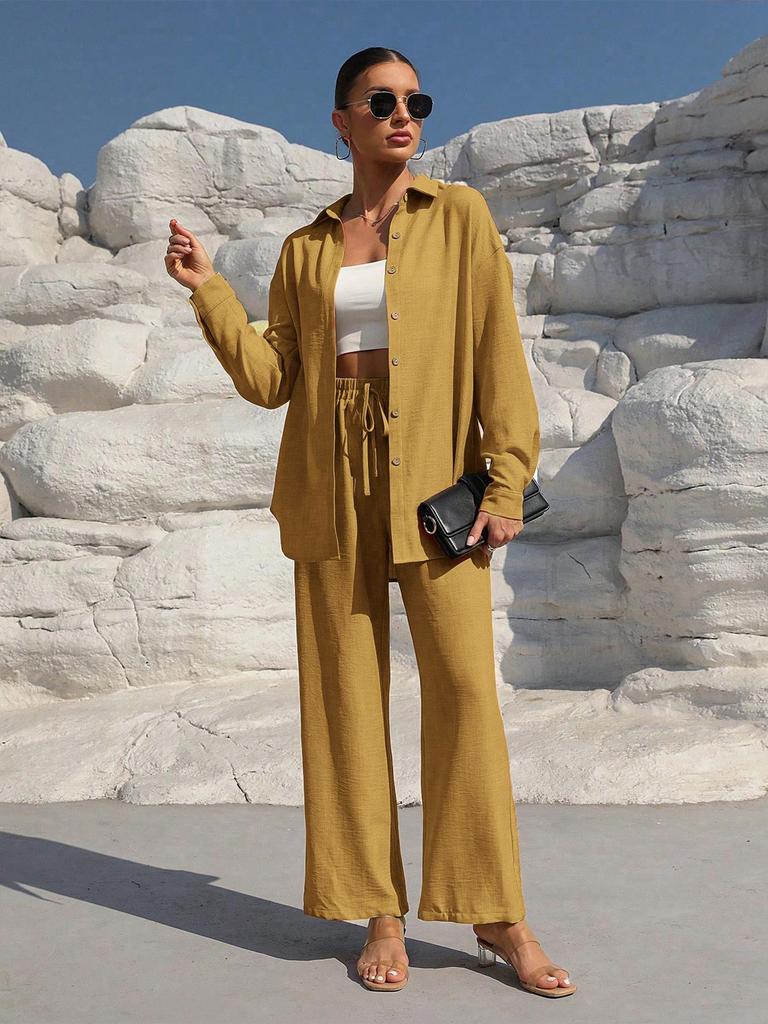 Women's Long Sleeve Shirt and Wide Leg Pants Suit Set