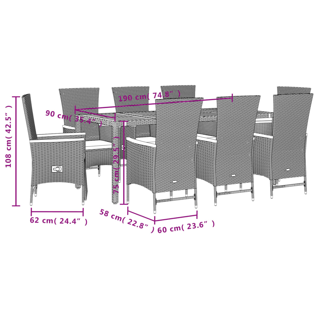 Vidaxl 9-Cz. Garden Furniture Set With Cushions, Black, PE Rattan