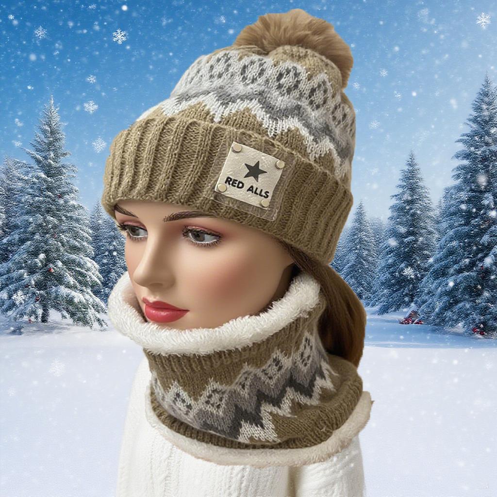 2pcs Winter Women'S Winter Hat and Scarf Set - Star Decoration Pink and White Striped Hat Soft Fleece, Elastic Stretch Fit, Comfortable Fleece Lining