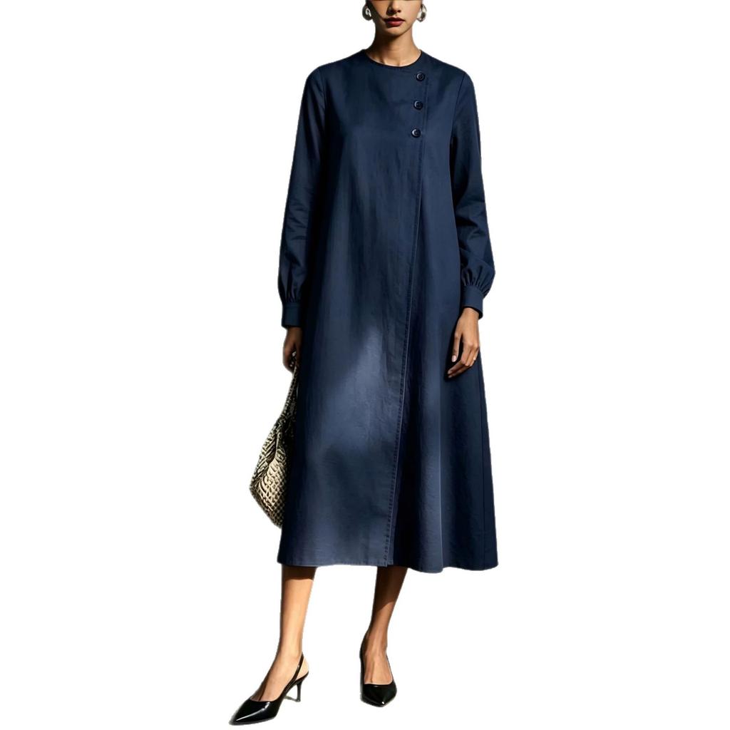 European and American autumn and winter temperament dress women, round neck button decorative zipper long sleeve loose dress