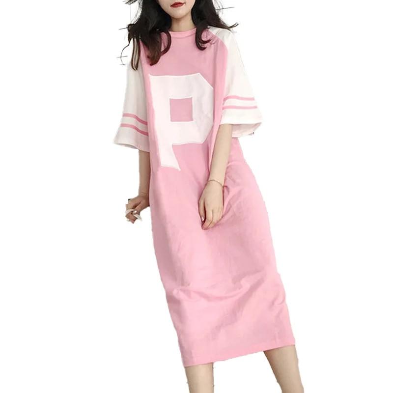 

2023 Летняя мода с трендовым принтом, круглым вырезом и коротким рукавом, контрастного цвета, повседневное спортивное свободное платье большого размера для женщин и ног телесного цвета XXXL розовый