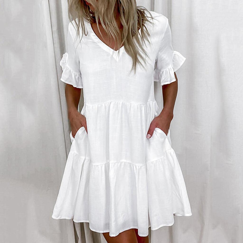 Wish Three-color Five-size Collar Solid-color Pocket Dress