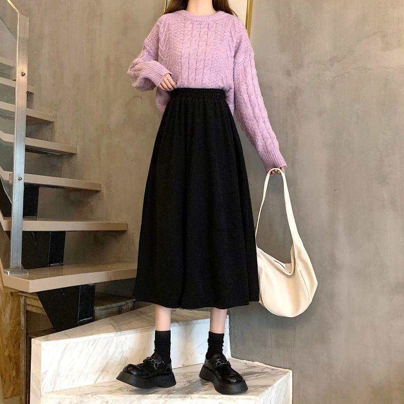 Elastic Waist Corduroy Skirt Women Autumn Winter Vintage Mid-length Skirt Solid High-waisted Korean Style Clothing