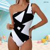 Women Plus Size One Shoulder One Piece Swimsuit Asymmetric Neck Black White Print