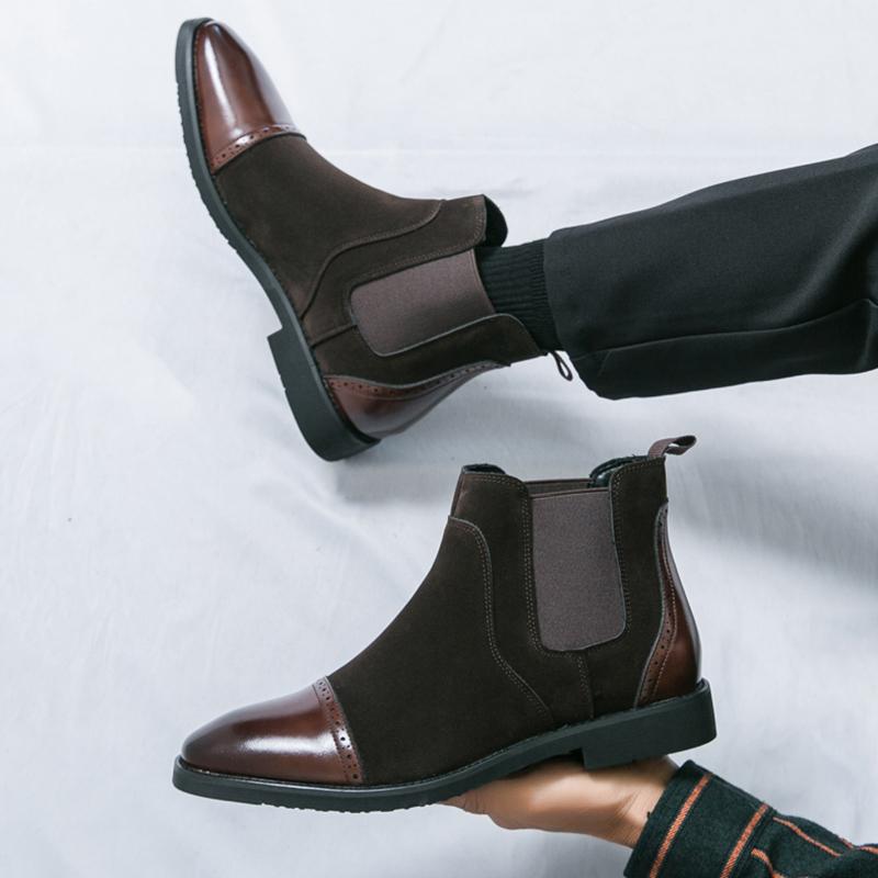 Fashion Winter New Men's Pointed Mixed Patchwork Slip On Ankle Boots British Designer Botas Trend Casual High-tops Shoes Zapatos Hombre