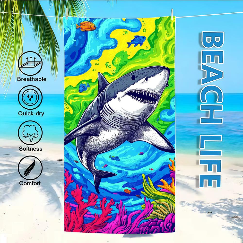 

Towel Textile Bathrobe Cartoon Beach Quick-Drying Lightweight Art Shark Portable Camping Swim Pool Travel W30*H60(CM)