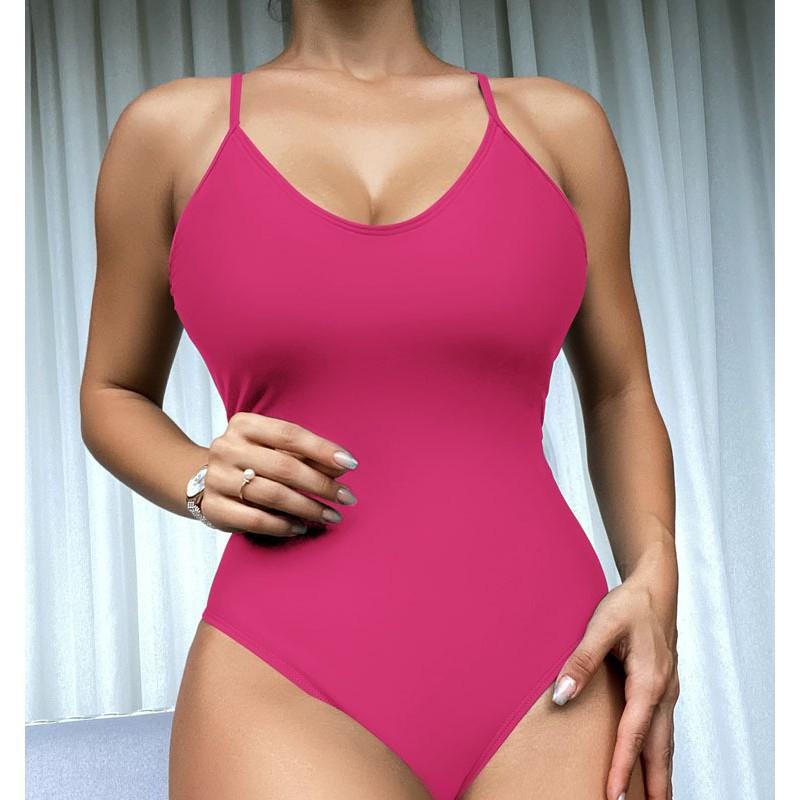 Solid Color High Waisted Triangle Swimsuit One-piece Back Strap Sexy Women s XL розы красного