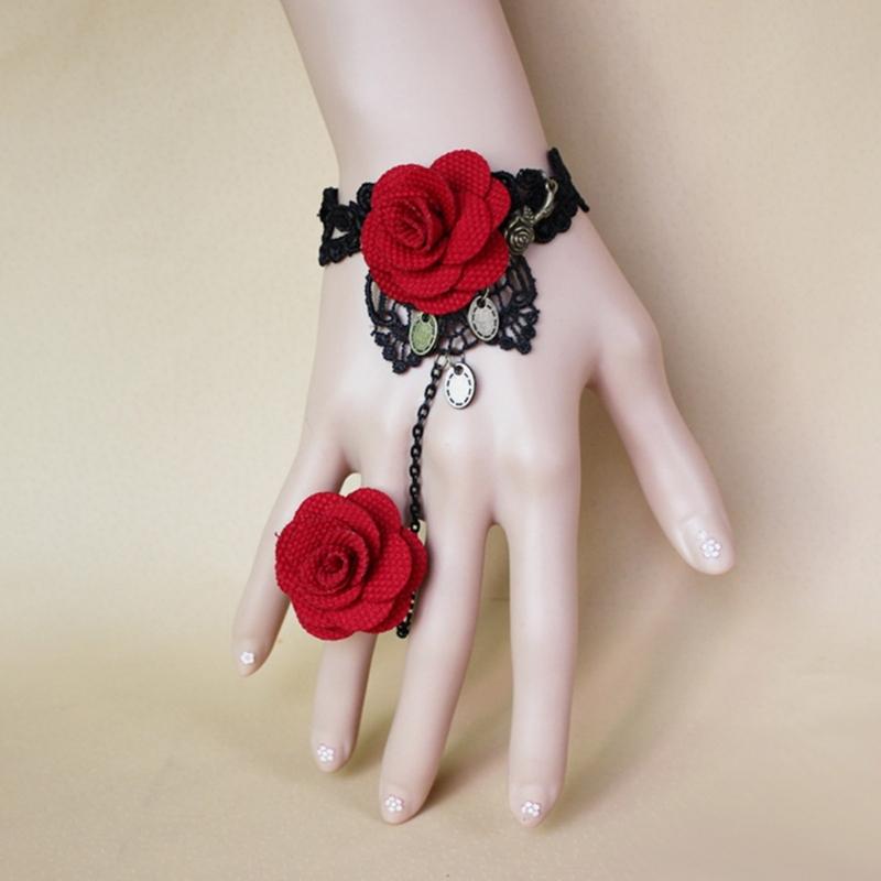 Rose Lace Hand Chain Ring Bracelet Chain Tassel Coins Finger Bracelet Sweet Hand Jewelry for Women and Girls Gifts