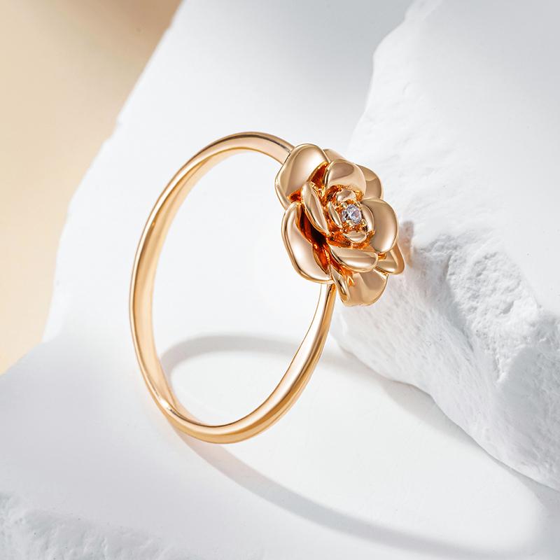 Creative Glossy Metal Flower Rings For Women Fashion  Rose Gold Color With Natural Zircon Daily Girls Fine Jewelry
