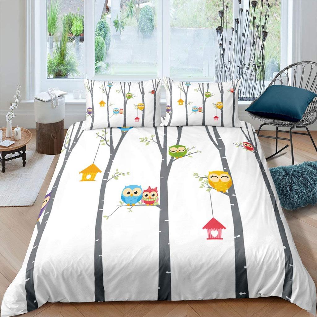 Cartoon Owl Duvet Cover Set Cute Kawaii Animals for Kids Girls Bedding Set King Queen Single Twin Size Polyester Comforter Cover