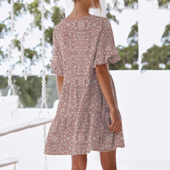 Women Summer Floral Midi Dress Casual V-Neck Ruffle Short Sleeve Flowy Dress Boho Beach