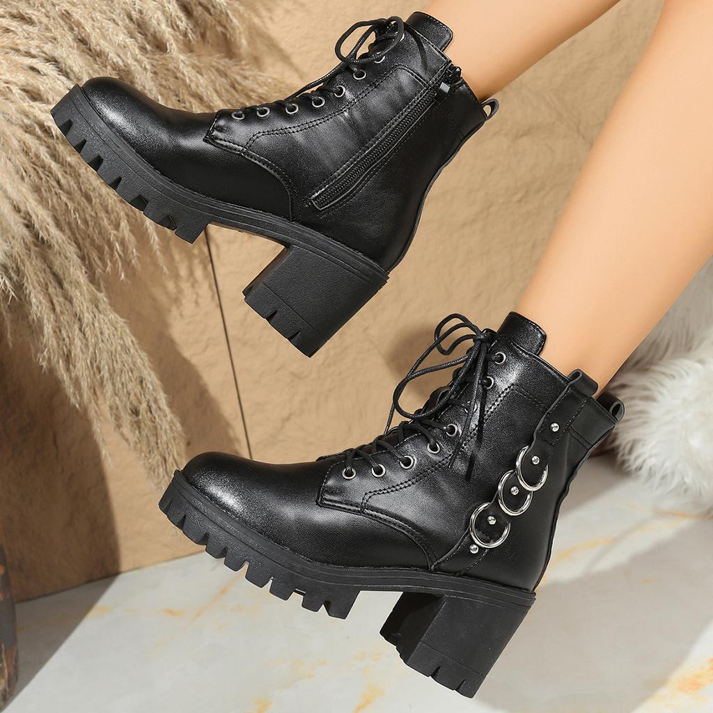Winter Sexy Elegant Solid Color Round Toe Lace Up High-Heeled Short Boots Fashionable New Style Comfortable Casual Women'S Boots