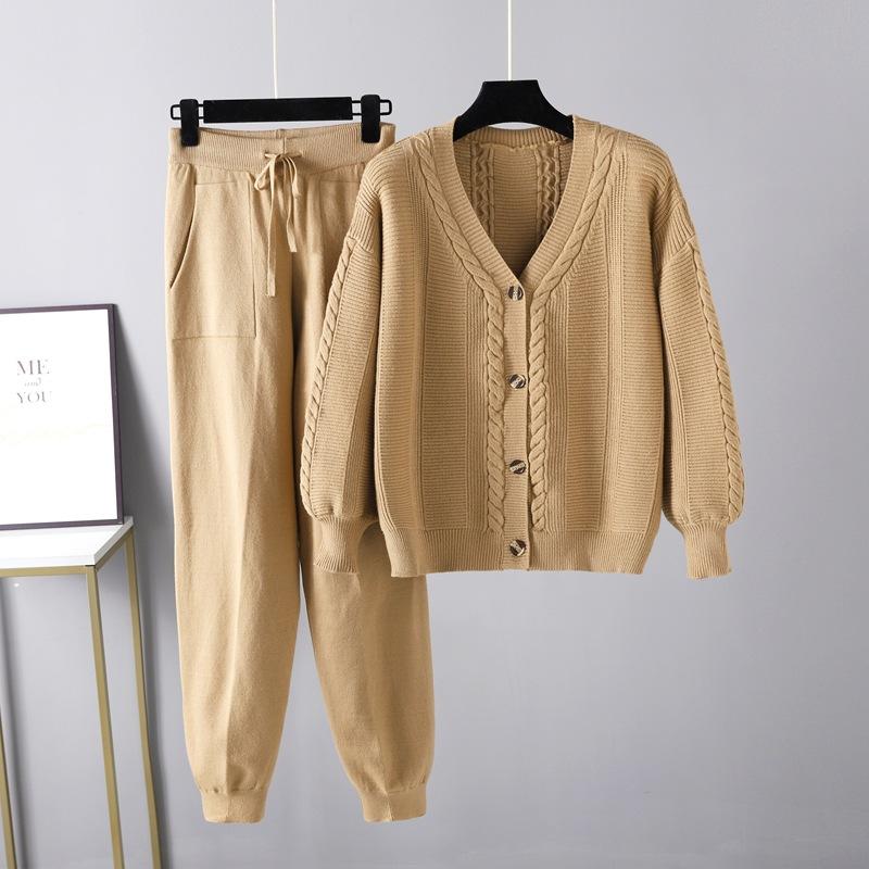 Large size women's clothing new autumn and winter knitted two-piece set twist cardigan solid color set sweater women