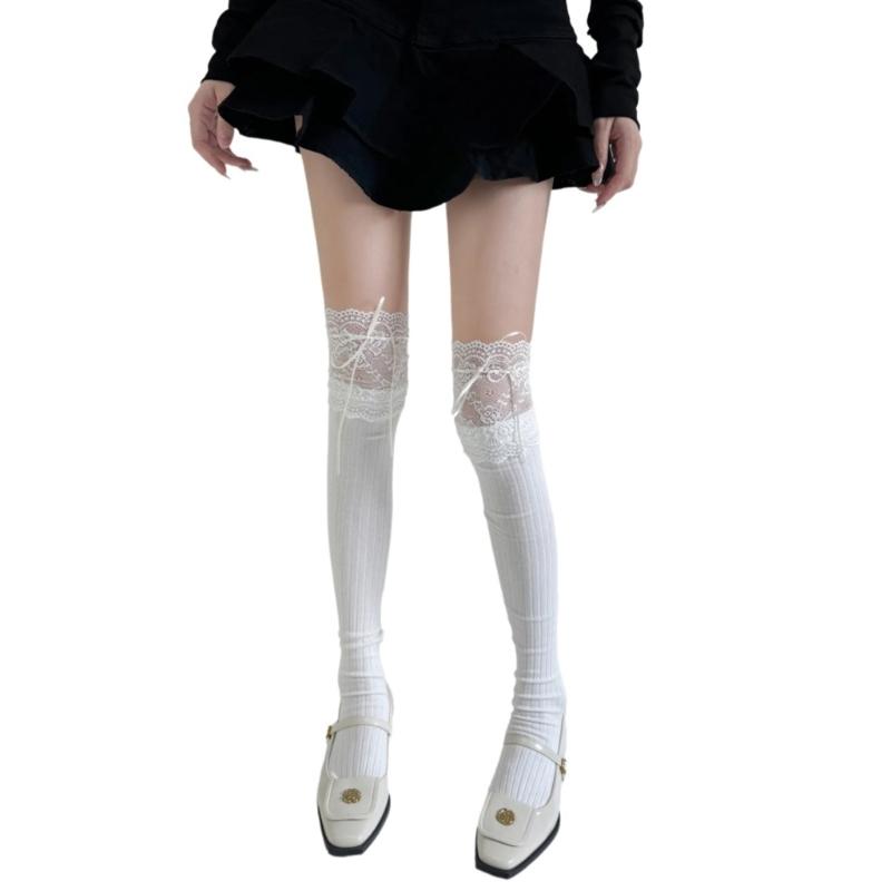 Ribbed Knit Striped Over Knee Long Socks for Women Japanese Student Sweet Bowknot Lace Splicing Thigh High Stockings