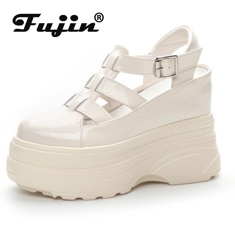 Fujin 11cm 2024 Patent Genuine Leather Casual Breathable Buckle Platform Chunky Heels Pumps Summer Ankle Boots Mary Jane Shoes