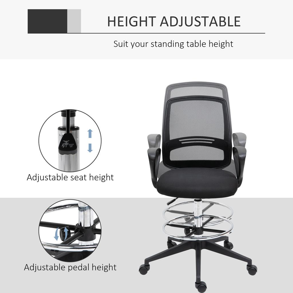 Drafting Chair, Ergonomic Tall Office Chair with Mesh Back, Lumbar Support, Adjustable Height and Foot Ring, Swivel Wheels, for Standing Desk, Black