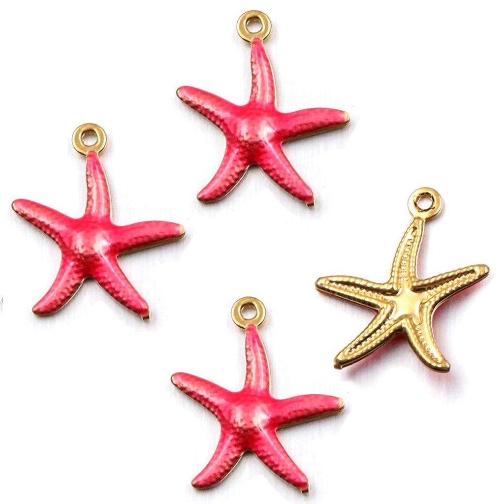 Stainless Steel Gold-Plated Fish & Starfish Enamel Pendant Jewelry Accessory