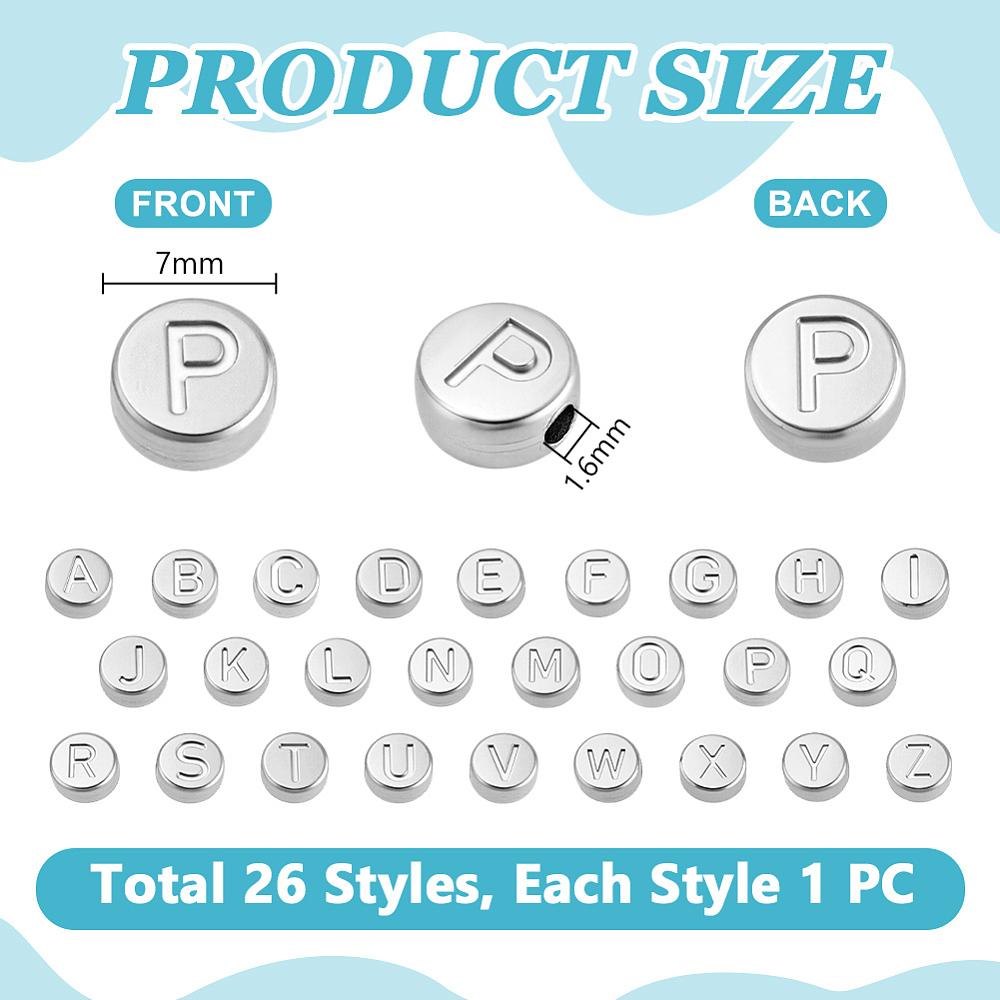 26Pcs 26 Styles Stainless Steel Beads Flat Round with Letter A~Z Stainless Steel Color 7mm Hole: 1.6mm 1pc/style