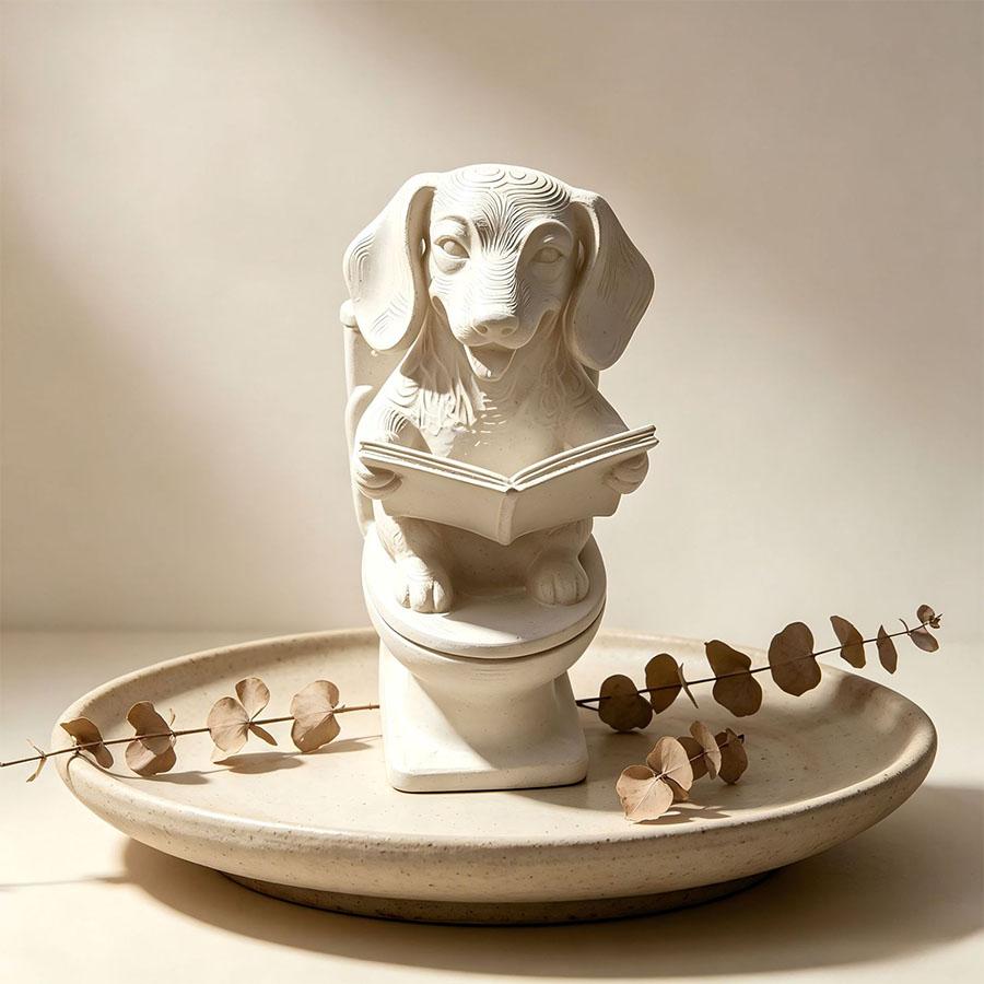Funny Dachshund Sitting on Toilet Reading Book Figurine, Creative Dog Statue Ornament, Resin Desktop Home Bathroom Decor
