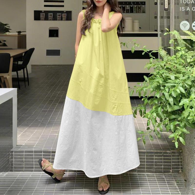 

ZANZEA Women Casual Round Neck Loose Splice Summer Sleeveless Long Dress M жёлтый