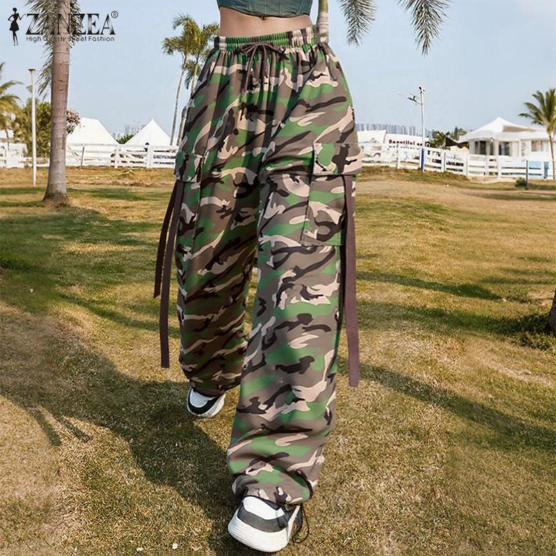 ZANZEA Women Casual Elastic Waist Loose Camouflage Print Cargo Pants