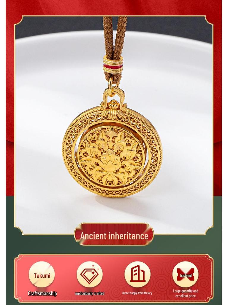 Vietnamese Sand Gold Rotatable Compass Pendant Necklace - Women's Versatile, Long-lasting Color Retention Jewelry with Eight Treasures Design