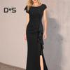 Women Summer O Neck Short Sleeve Gown Dress High Waist Side Ruffle Decor Split Hem Slim Fit Hip Wrapped Evening Party Dress