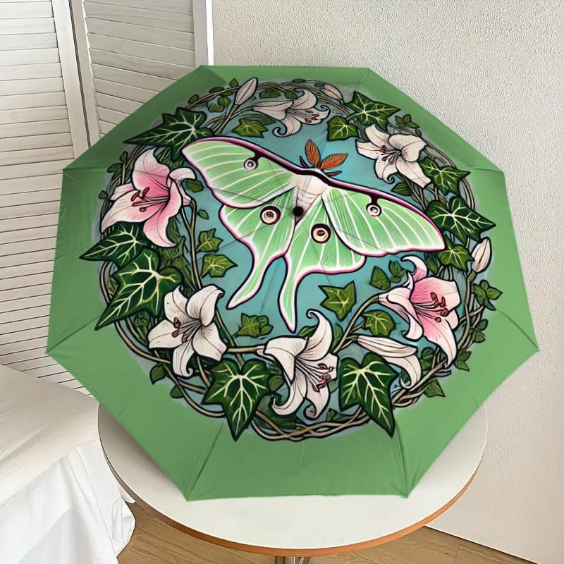 

1pc Luna Moth with Lily Wreath Umbrella with Plastic Handle,Suitable for All Seasons Home Travel Outdoor UmbrellaDD1682