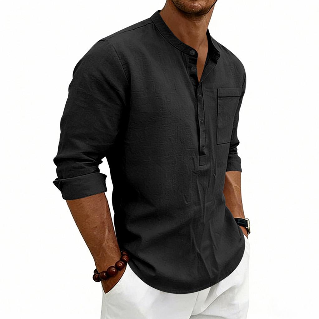 Men’s Long Sleeve Casual Henley Shirt with Stand Collar Single Chest Pocket Relaxed Fit Lightweight