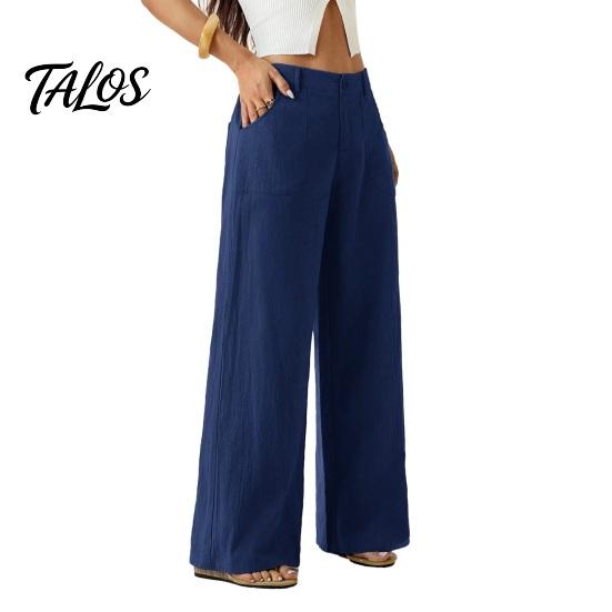Bequeme Hose Baumwolle Leinen Weites Bein für Damen, Lockerer Knopf Elastischer Bund Arbeitsbund Freizeit Hose, Einfarbige Palazzo mit Taschen