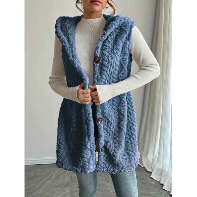 Women's Solid Color Knit Textured Fluffy Hooded Front Open Sleeveless Long Casual Plush Vest