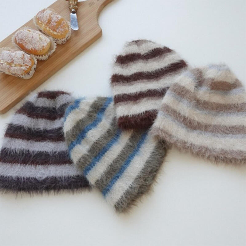 Women s Winter Color Block Striped Faux Fur Fluffy Beanie beige