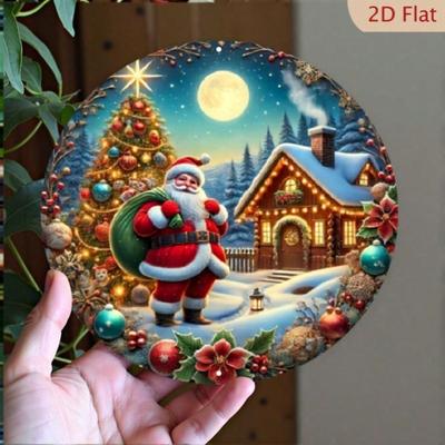 Round Metal Tin Merry Christmas Sign Santa Claus Wreath Snowy Cabin Holiday Wall Hanging Decoration for Front Door Outdoor Xmas Tree New Year Party
