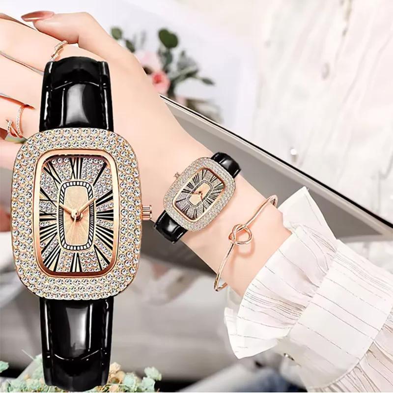 

Vintage Watches for Women Sparkly Zircons Crystals Wrist watch Water Resistant Leather Strap Quartz Watches Roman Retro Relojes чёрный