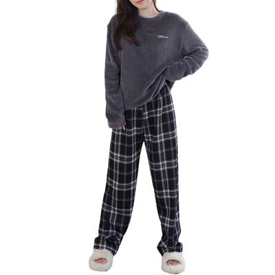 Dampyjamaset Loungewear Fluffiga och Varma Rutiga Byxor Borstat Foder Avslappnad Passform för Smickrande Silhuett