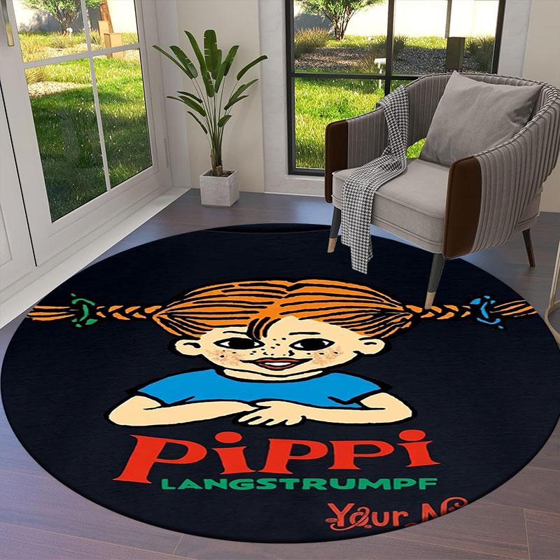 Pippi Langstrumpf Benutzerdefinierter Name Runder Teppich, Teppich für Wohnzimmer Schlafzimmer Sofa Spielzimmer Dekor, Rutschfeste Bodenmatte