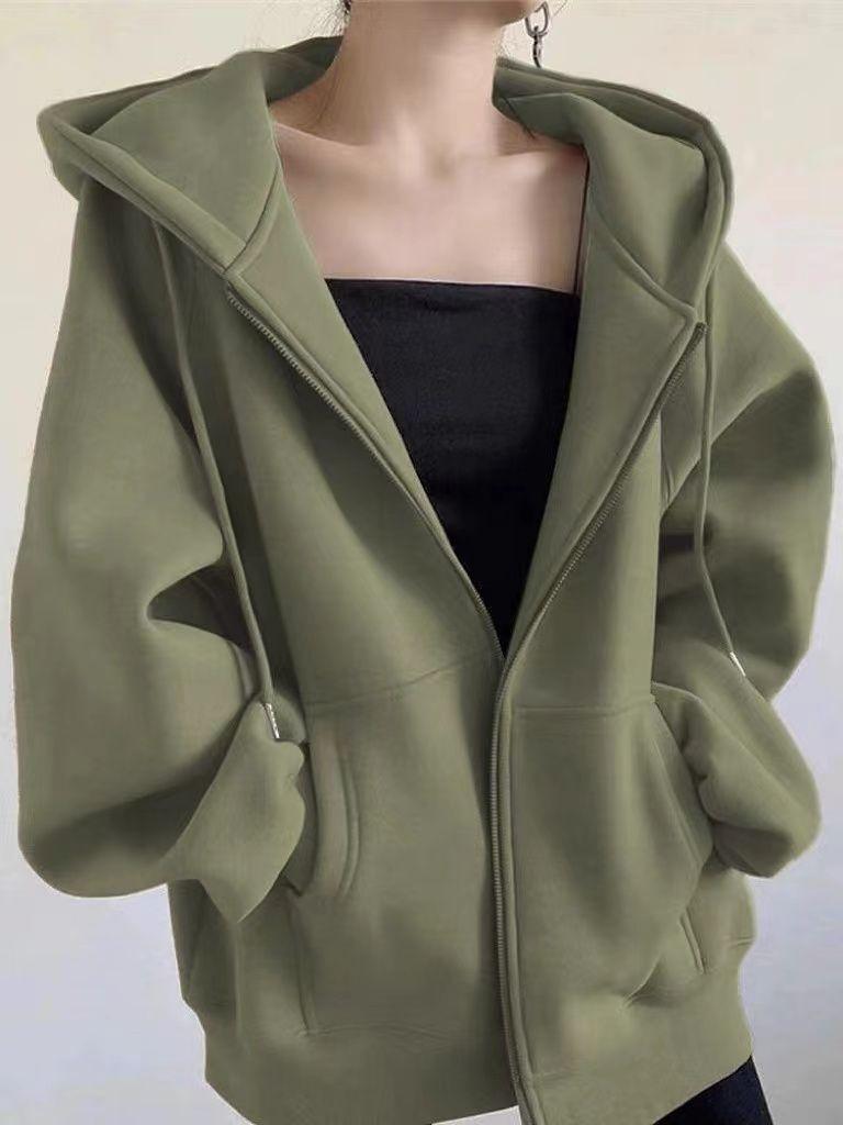 Autumn Winter Women's Fleece Sweatshirt Thickened Hooded Zip-up Loose Sweatshirt
