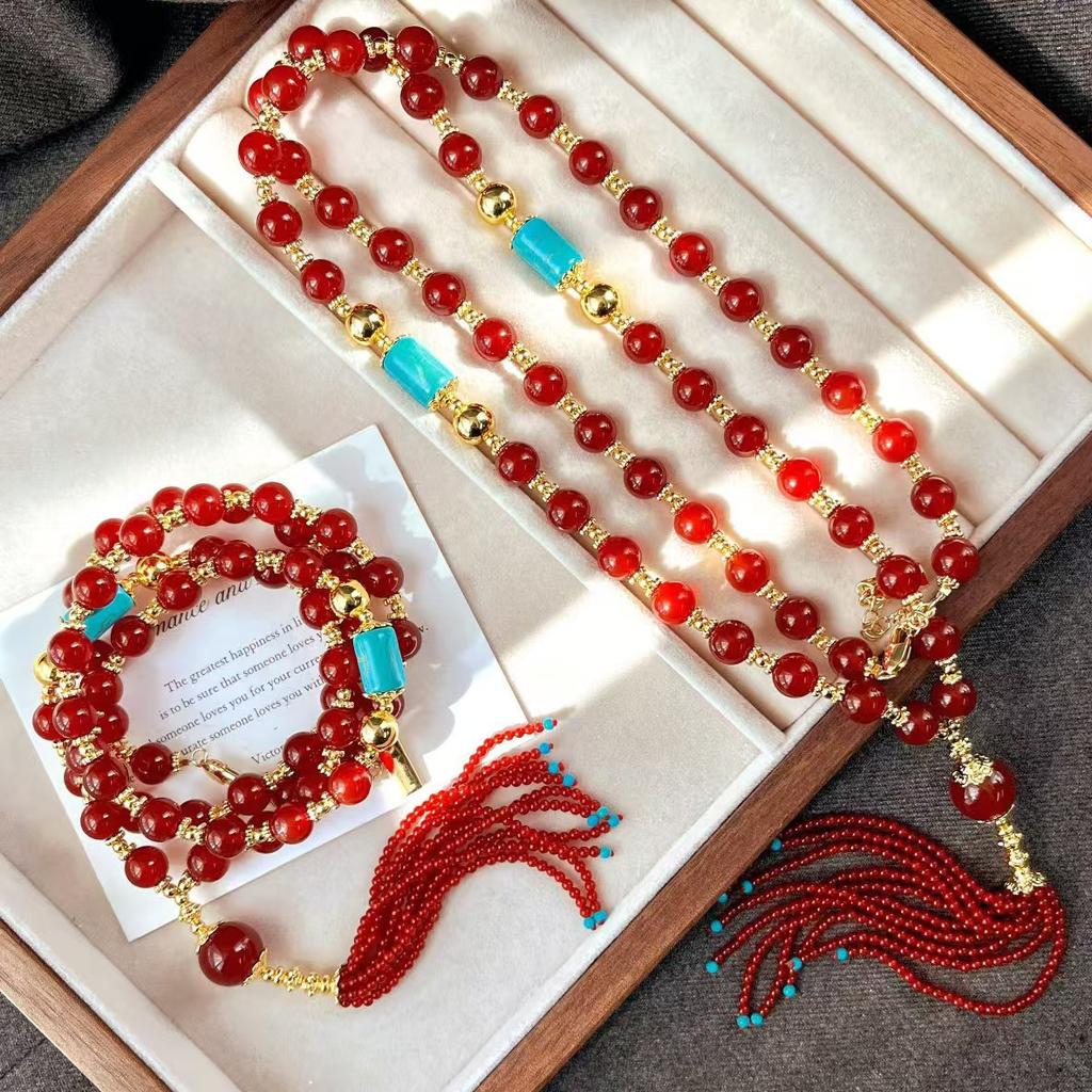 Vintage Vitreous Body High Quality Natural Chalcedony Agate Tassel Necklace Clavicle Chain Sweater Chain