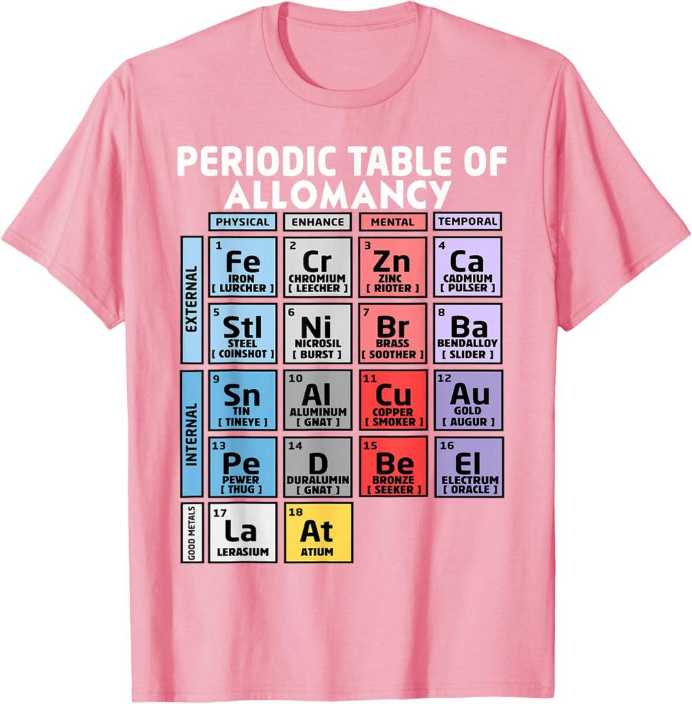 Periodic Table of Allomancy Metal Powers Graphic T-Shirt Casual Short Sleeve Cotton Crewneck Tee