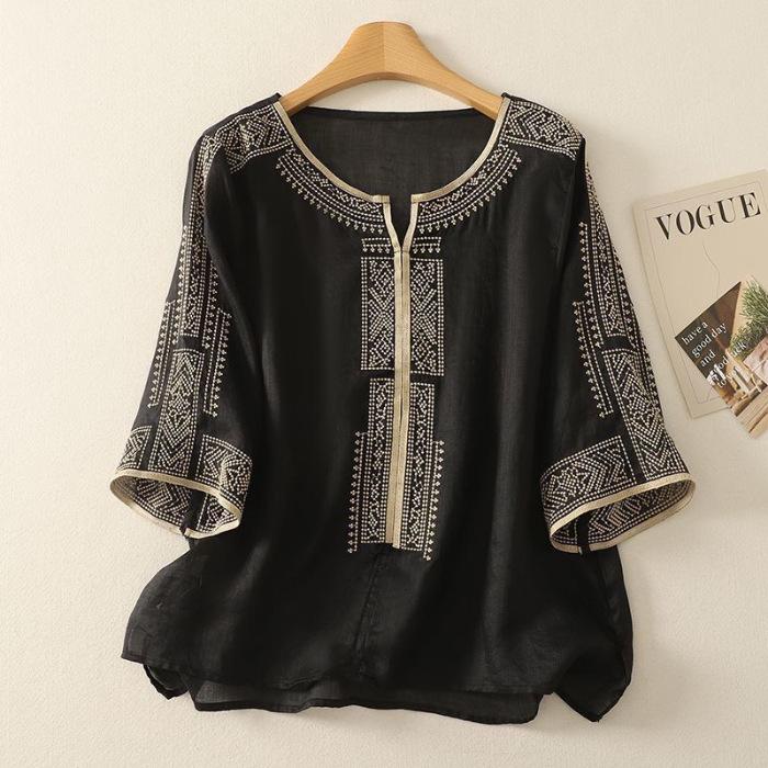 Mother's Summer T-shirt Tencel Linen Loose Casual Women's Blouse Solid Color Short-sleeved Bottoming Shirt