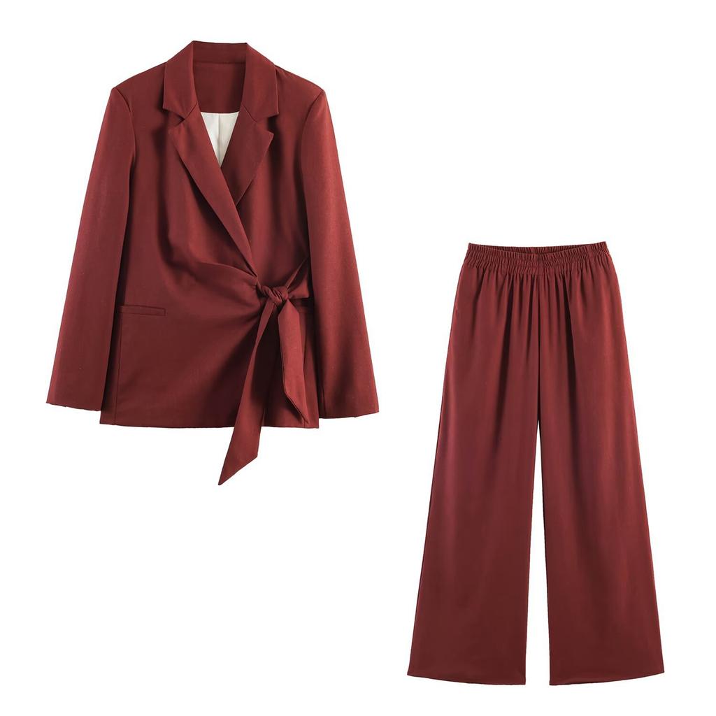European and American French Women's Clothing Blended Bow Double-breasted Blazer + Wide-leg Pants Set