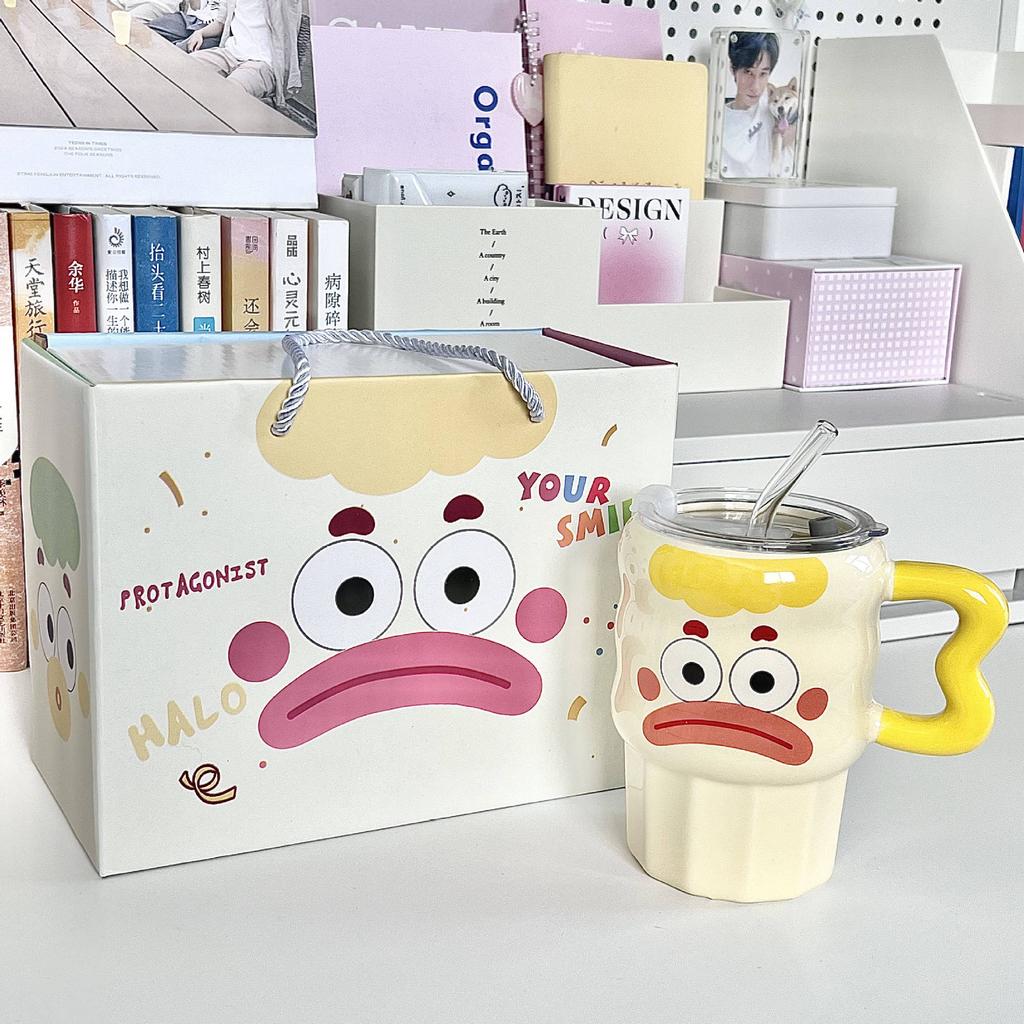 Cute cute clown straw cup high value ceramic mug with lid funny couple drinking cup birthday gift
