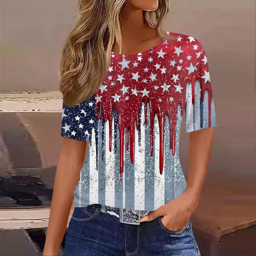 Damski modny, swobodny, krótki rękaw, nadruk, okrągły dekolt, bluzka typu pullover