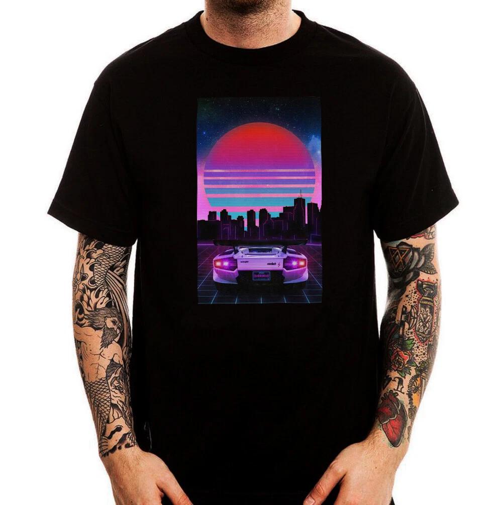 Sport Car Miami Sunset Vaporwave Aesthetic Printed Cotton T-Shirt Top Tee 150