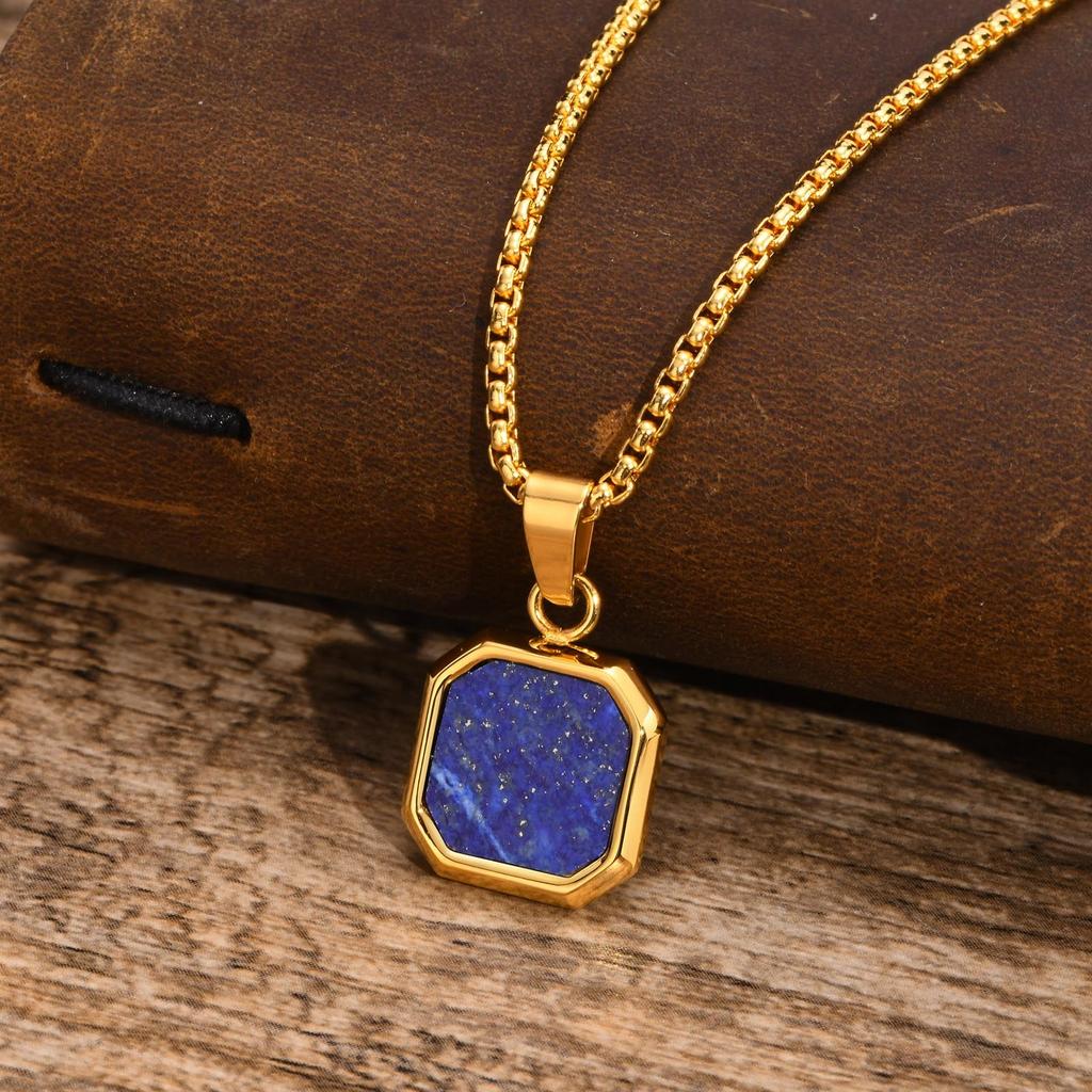 Vnox Mens Necklaces, Geometric Square Natural Stone Shell Pendant, Black Gold Color Stainless Steel Collar