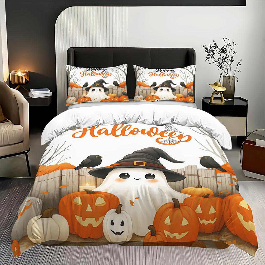 3pcs Halloween Cartoon Ghost Printed Duvet Covers, 1 Down Duvet Cover+2 Pillowcases, Coreless. Soft and Comfortable Bedding Set