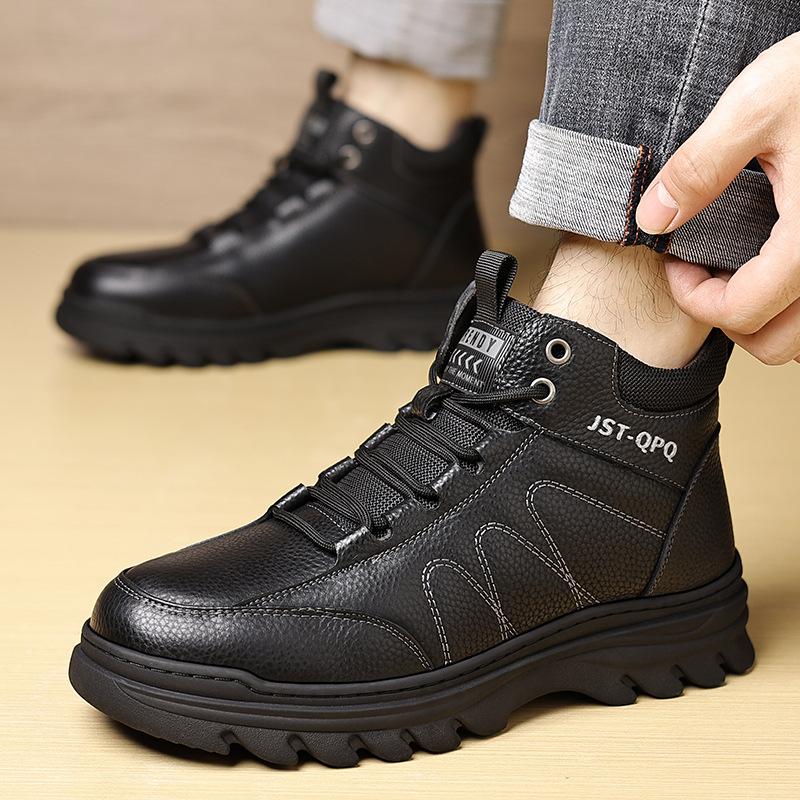 

Зимние рабочие ботинки для мужчин, для активного отдыха, кожаные, теплые, на меху, зимние ботильоны, для ходьбы, высокие, мужские, на шнуровке, нескользящие, водонепроницаемые, треккинговые ботинки 44 чёрный