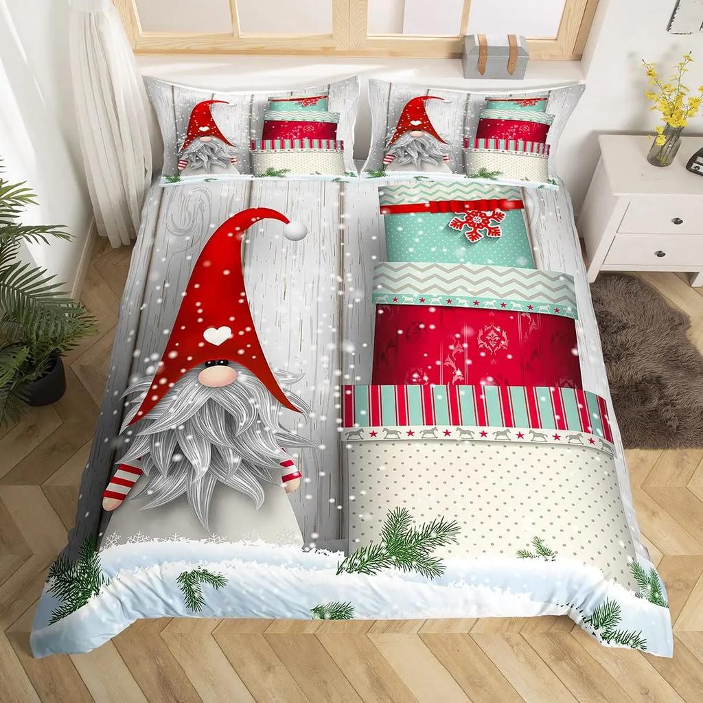 Jultomtar påslakan set Tomte Jul Täcktäckeset God Jul Sängkläder Vinter Snö Helg Påslakan