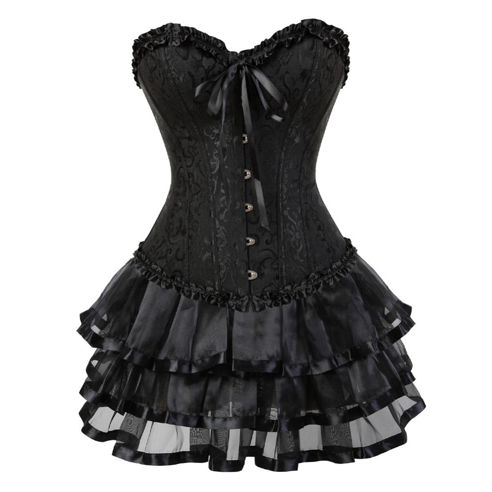 Corset Dress Skirts Set Tutu for Women Party Bustiers Costume Sexy Lace Up Vintage Corselet Clothing Black